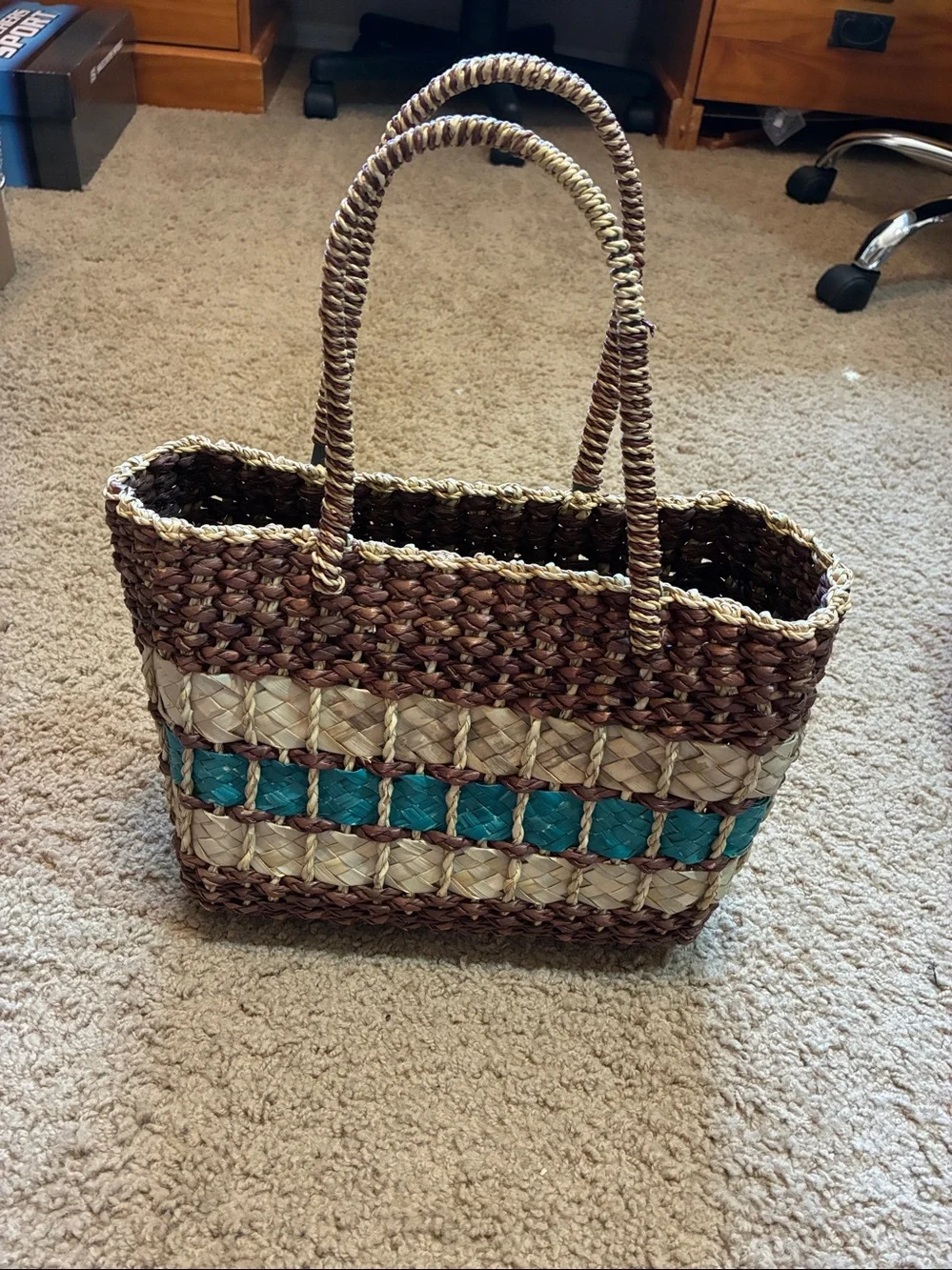 Woven Straw Tote Bag with Teal Accent - Women Bags